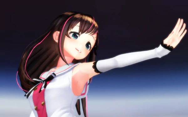 3D anime-style HD desktop wallpaper featuring Kizuna AI with long brown hair, blue eyes, and a light blush, extending her arm against a gradient background.
