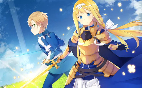 HD PC desktop wallpaper from the anime Sword Art Online: Alicization, featuring two characters in action poses under a bright blue sky with glowing yellow petals.