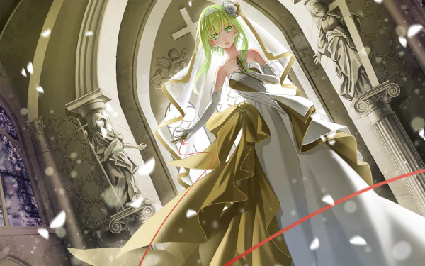 HD PC desktop wallpaper featuring GUMI from Vocaloid in an elegant gown, standing in a grand, cathedral-like setting with statues and soft lighting.