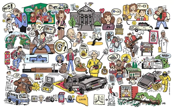 Colorful illustration featuring iconic scenes and characters from Back To The Future, arranged in a lively collage style, designed as an HD desktop wallpaper or background.