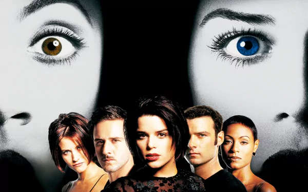 HD PC desktop wallpaper/background: Scream 2 movie poster with twin Ghostface mask faces looming above the central ensemble cast on a stark black backdrop.