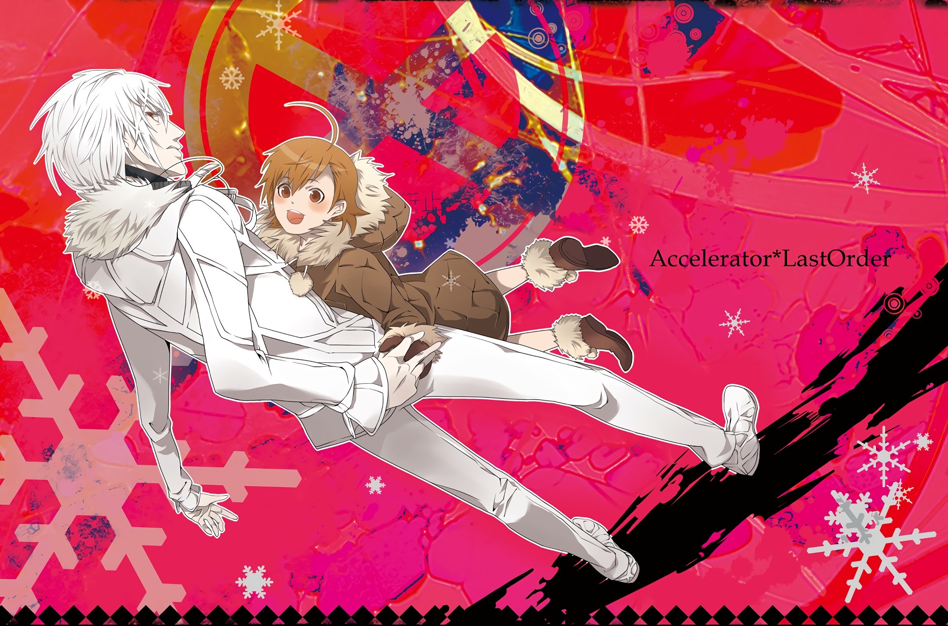 HD anime wallpaper featuring Accelerator and Last Order from A Certain Magical Index with vibrant red and pink abstract background elements.