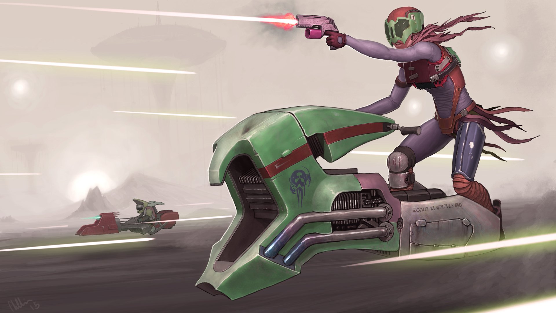 Futuristic woman warrior in advanced armor fires weapon while riding a sleek sci-fi vehicle in a high-speed chase, set in a 4K Ultra HD PC desktop wallpaper background.