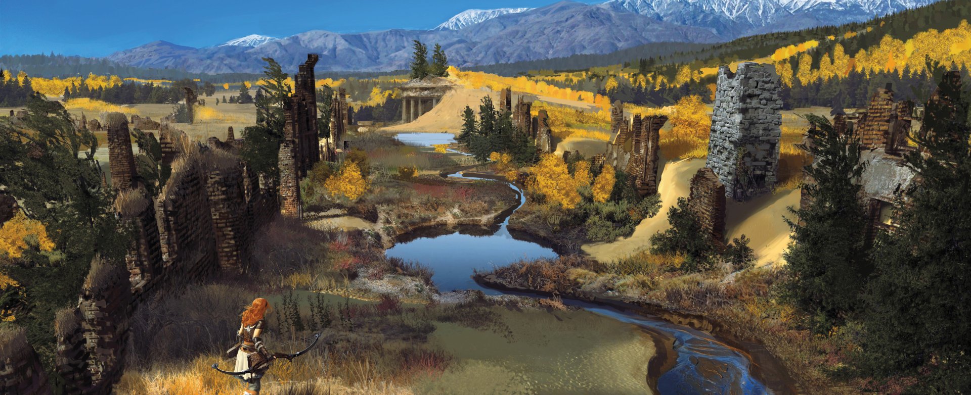 HD PC desktop wallpaper featuring Aloy from Horizon Zero Dawn in a vast autumn landscape with ruins, a winding river, and snow-capped mountains in the background.