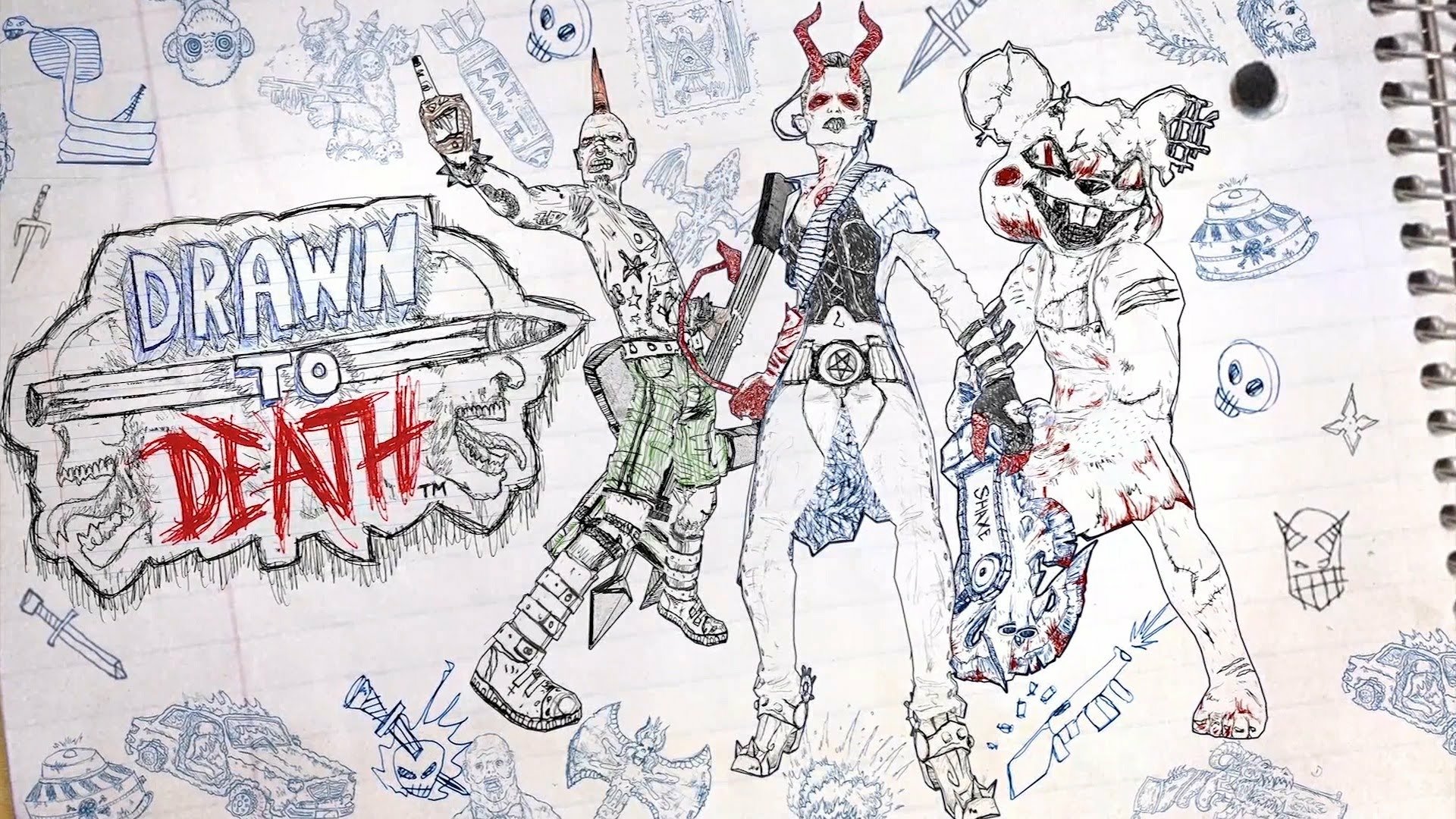 HD wallpaper featuring stylized artwork from Drawn to Death, with sketch-like characters in a battle stance on lined paper.