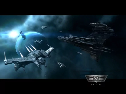 HD PC desktop wallpaper featuring a space battle scene from the video game EVE Online, showcasing futuristic starships near a glowing blue planet.