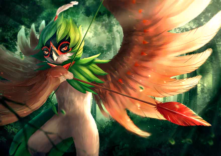 HD PC desktop wallpaper featuring Decidueye, the archer owl Pokémon from Pokémon: Sun and Moon, set against a lush forest background.