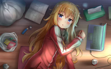 HD desktop wallpaper of Gabriel Tenma White from the anime Gabriel DropOut, lying on the floor surrounded by various items including a keyboard, tissue box, and notebooks.