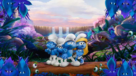 HD desktop wallpaper featuring Smurfs from the movie Smurfs: The Lost Village in a vibrant, colorful forest setting with waterfalls and oversized flowers.
