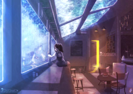 Anime HD original wallpaper featuring a serene girl in a café, gazing at a person through a large aquarium window, creating a dreamy and tranquil ambiance.