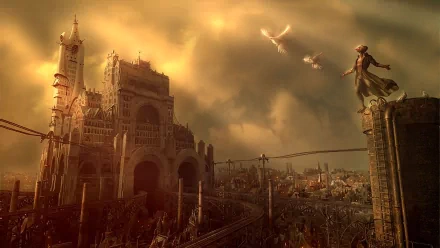 A stunning steampunk cityscape at dusk, featuring towering structures and an enigmatic figure on a ledge, complemented by a sky filled with a warm golden hue and flying creatures.