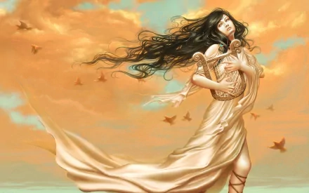 Fantasy-themed HD PC desktop wallpaper featuring a flowing-robed woman with long hair holding a harp, set against a soft, cloudy sky with scattered birds.