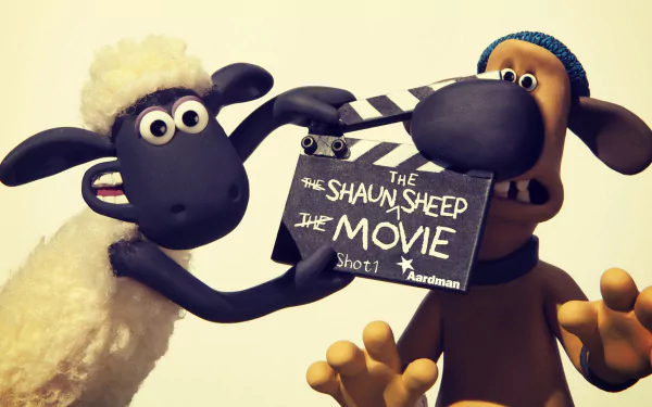HD desktop wallpaper featuring Shaun the Sheep and Bitzer holding a film clapperboard from Shaun the Sheep Movie.