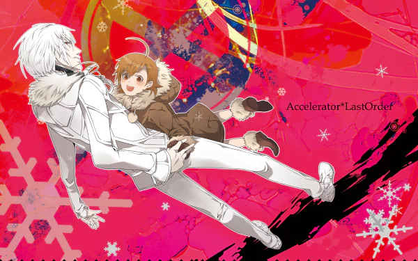 HD anime wallpaper featuring Accelerator and Last Order from A Certain Magical Index with vibrant red and pink abstract background elements.
