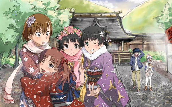 HD PC desktop wallpaper featuring Ruiko Saten, Kazari Uiharu, Kuroko Shirai, Kamijou Touma, Index Librorum Prohibitorum, and Mikoto Misaka from the anime A Certain Magical Index.