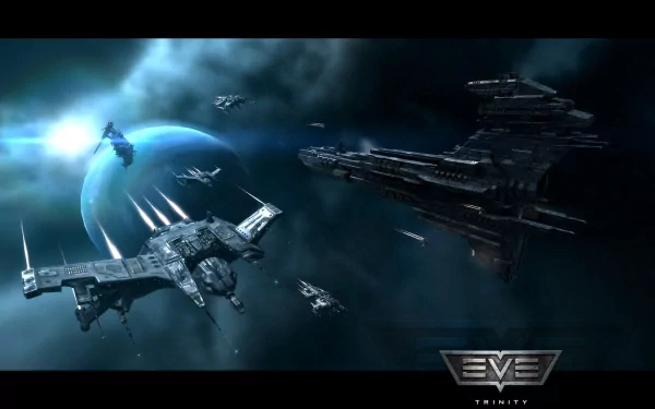 HD PC desktop wallpaper featuring a space battle scene from the video game EVE Online, showcasing futuristic starships near a glowing blue planet.