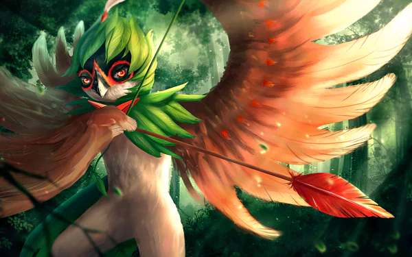 HD PC desktop wallpaper featuring Decidueye, the archer owl Pokémon from Pokémon: Sun and Moon, set against a lush forest background.