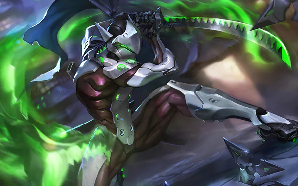HD desktop wallpaper and background featuring Genji Shimada, a character from the video game Overwatch, wielding a sword in a dynamic action pose with glowing green effects.