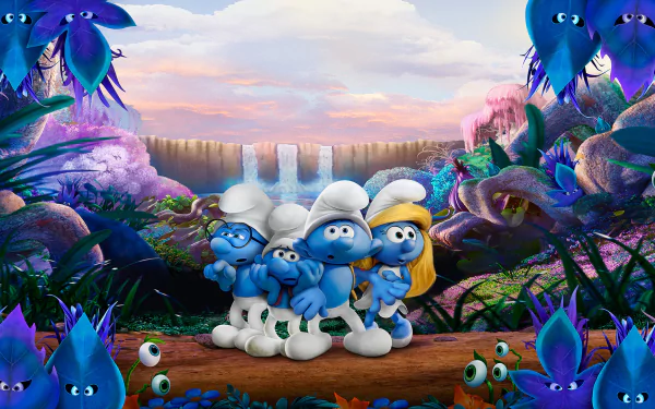 HD desktop wallpaper featuring Smurfs from the movie Smurfs: The Lost Village in a vibrant, colorful forest setting with waterfalls and oversized flowers.