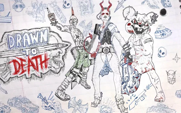 HD wallpaper featuring stylized artwork from Drawn to Death, with sketch-like characters in a battle stance on lined paper.