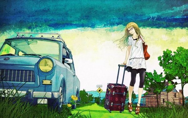 HD desktop wallpaper featuring a Supercell music theme, depicting a girl with luggage standing next to a vintage blue car in a vibrant, colorful landscape.