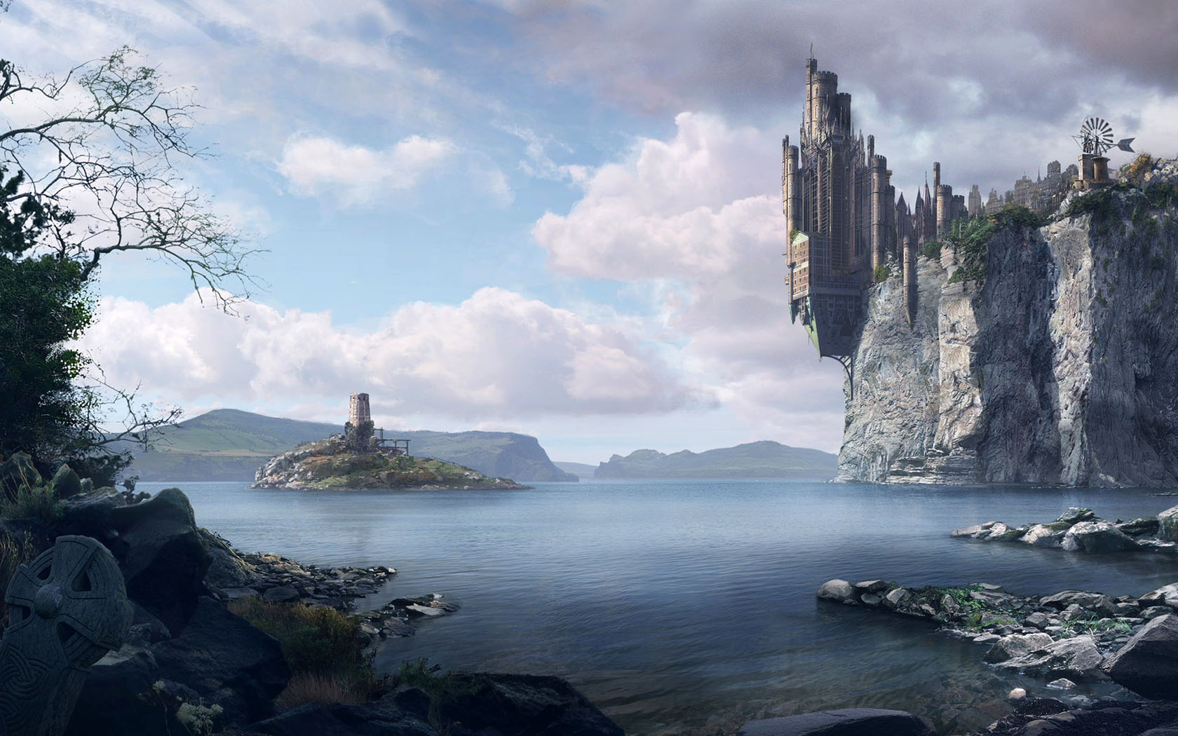Gothic city by the seaside, overlooking cliffs and a beautiful landscape.