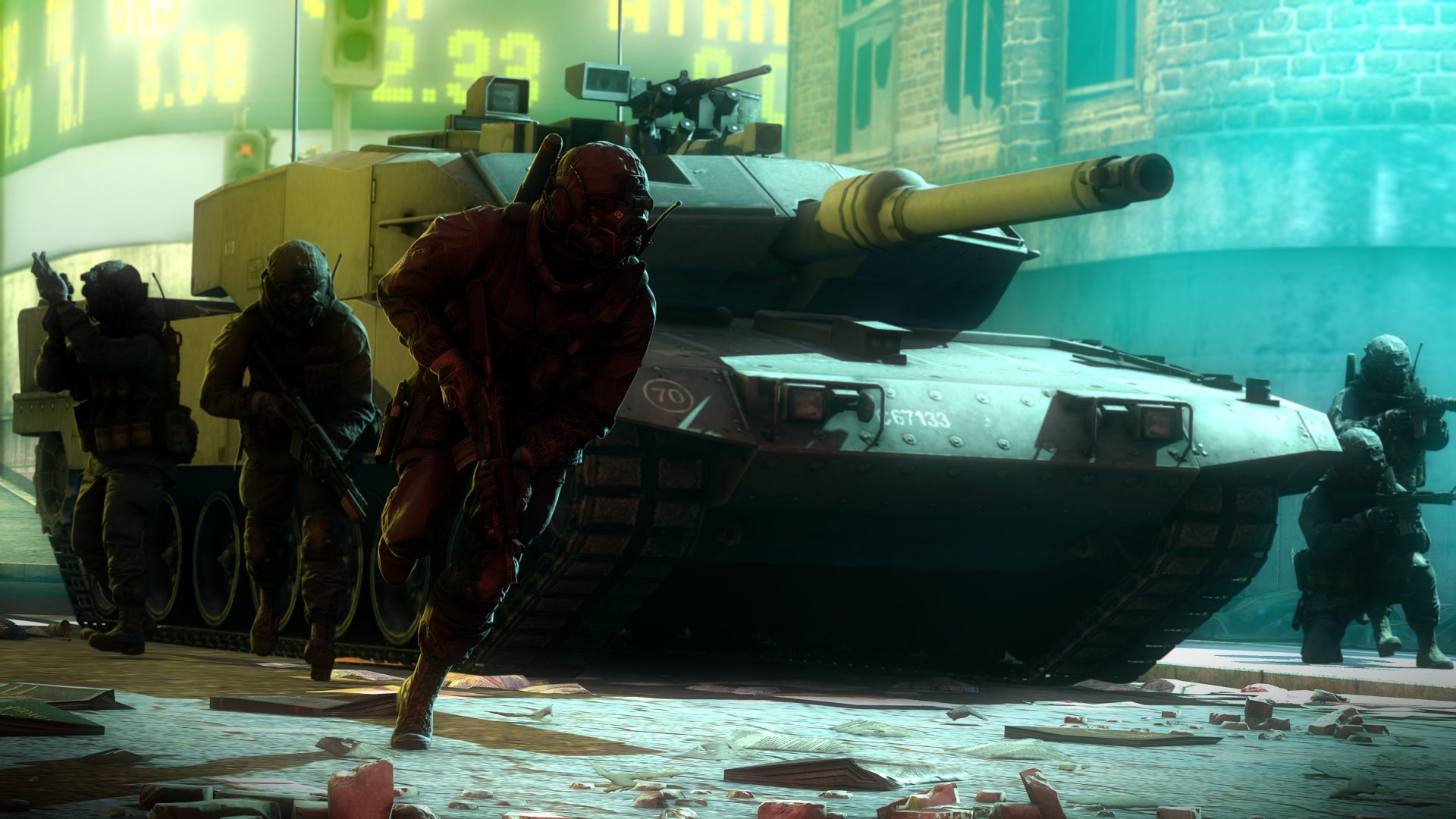 HD desktop wallpaper depicting soldiers advancing alongside a Leopard 2 military tank in an urban combat setting.