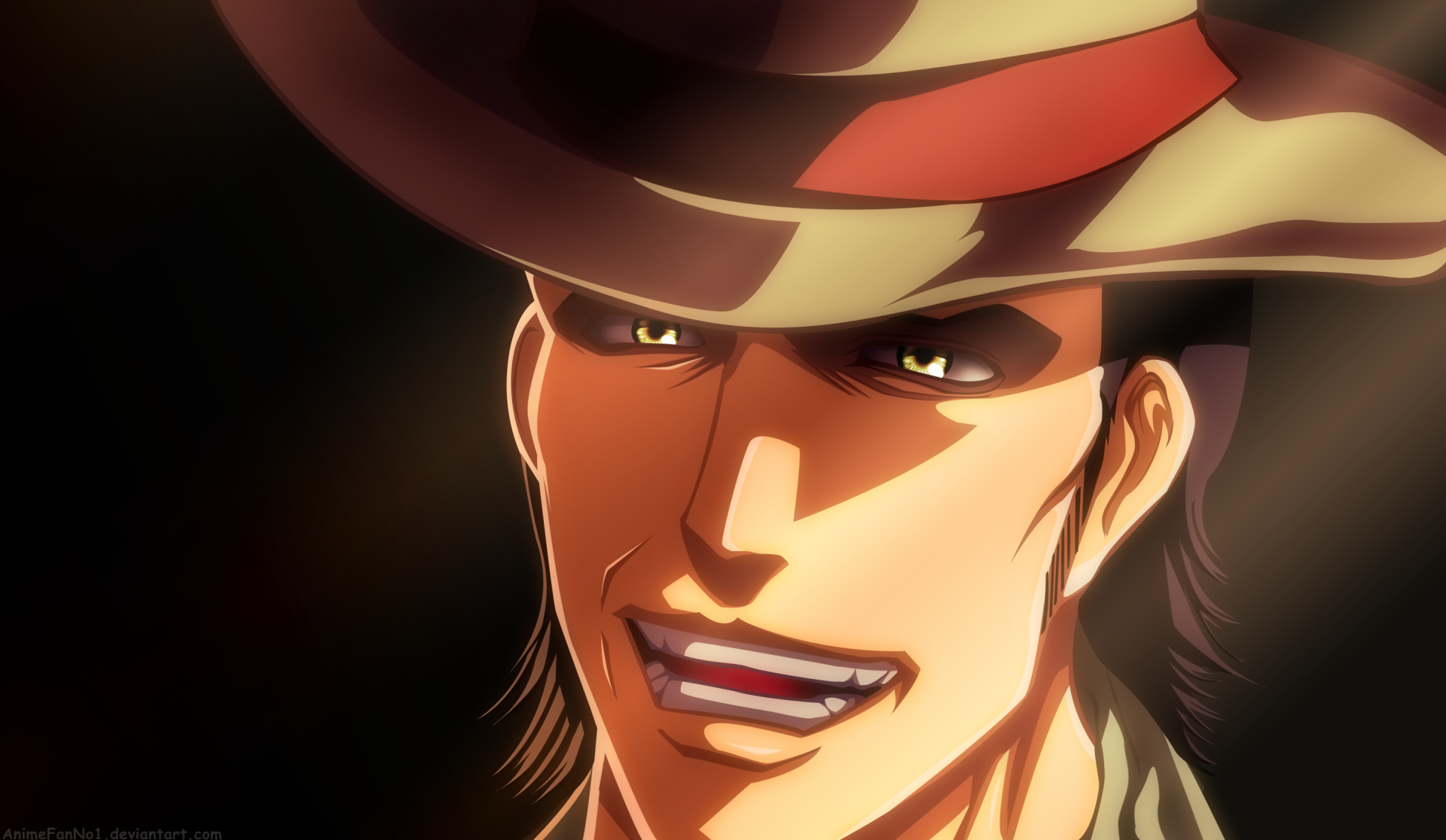 Kenny Ackerman from Attack on Titan smirking under a wide-brimmed hat in dramatic shadow — anime close-up 2K Quad HD PC desktop wallpaper