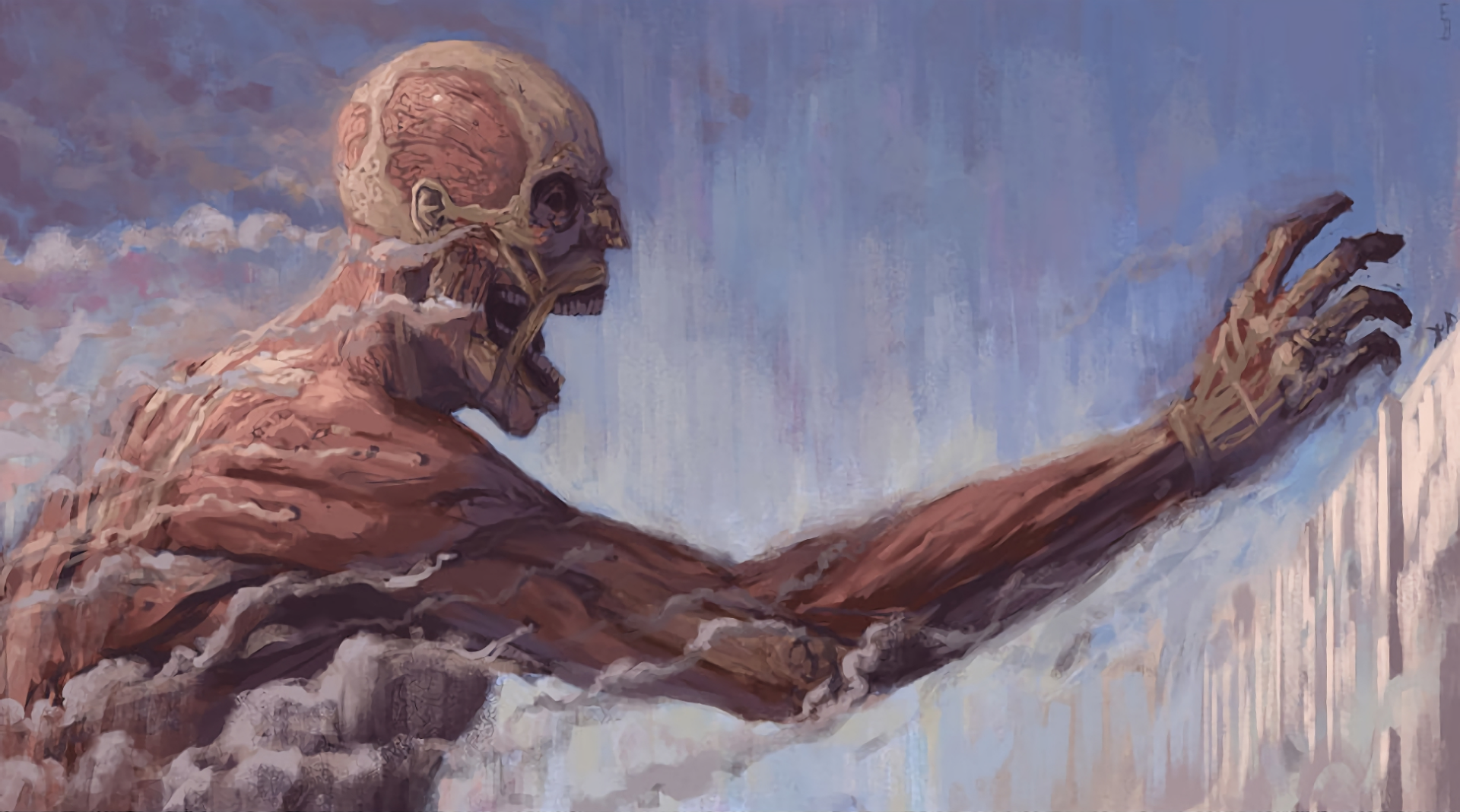 HD PC desktop wallpaper featuring an intense, detailed anime scene from Attack on Titan, showcasing a colossal Titan reaching forward against a moody sky.