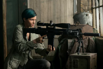 HD desktop wallpaper featuring Ruby Rose from the movie xXx: Return of Xander Cage, holding a sniper rifle in an intense, action-packed scene.