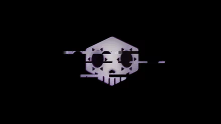 Glitch art HD desktop wallpaper featuring Sombra's iconic skull emblem from Overwatch with digital distortion effects.