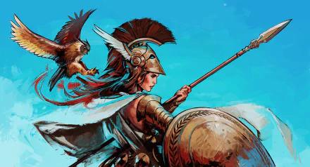 HD fantasy wallpaper depicting Athena, the woman warrior deity, in armor with a spear and shield, accompanied by a soaring eagle against a bright blue sky.