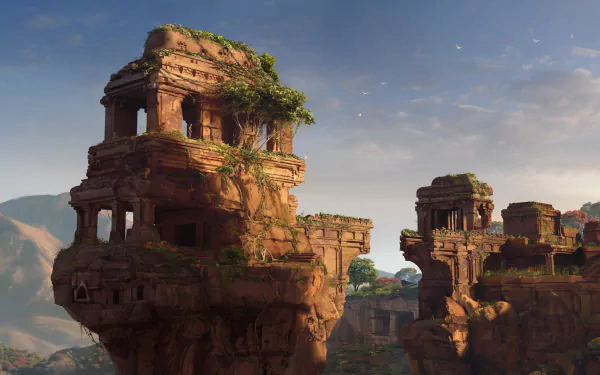 HD PC desktop wallpaper from the video game Uncharted: The Lost Legacy — sunlit, overgrown sandstone cliff temples and rock pillars rising above a lush valley under a blue sky.