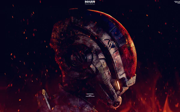 Mass Effect: Andromeda 4K Ultra HD PC desktop wallpaper — video game scene of a scorched Pathfinder helmet drifting through ember-lit red smoke and burning debris.