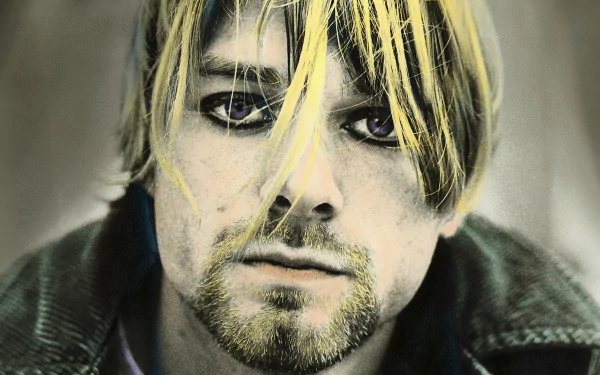 HD desktop wallpaper — close-up grunge portrait of a blond 90s rocker with dark eye makeup and moody gaze, evoking Nirvana and the film Soaked in Bleach.