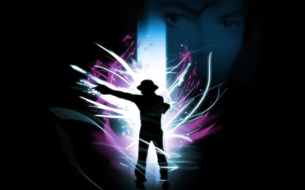 HD desktop wallpaper featuring an artistic silhouette of American pop singer Michael Jackson with light and music-themed elements in the background.