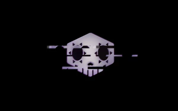 Glitch art HD desktop wallpaper featuring Sombra's iconic skull emblem from Overwatch with digital distortion effects.