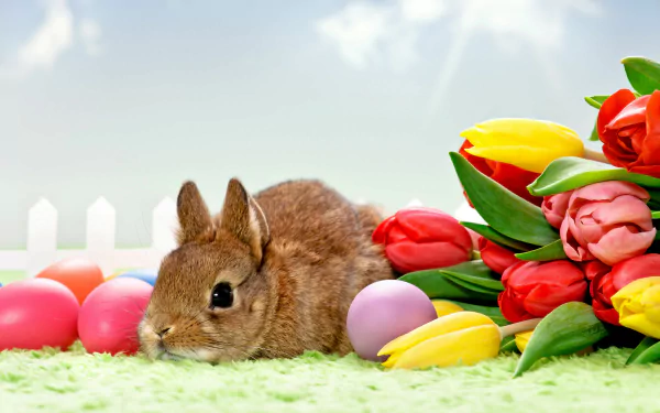 HD Easter desktop wallpaper featuring a cute rabbit surrounded by colorful tulips and Easter eggs on a green grassy background with a white picket fence and blue sky.