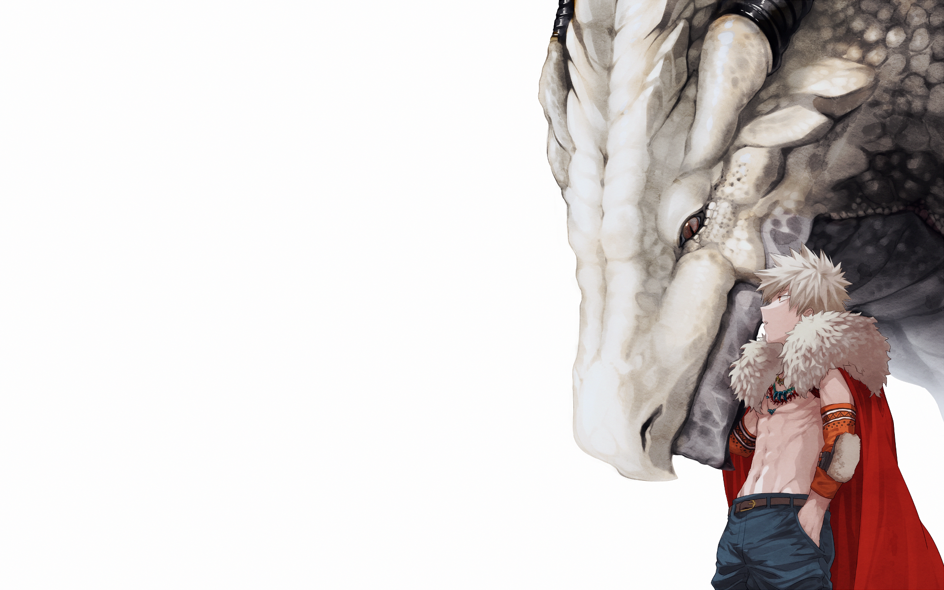 HD desktop wallpaper featuring Katsuki Bakugou from My Hero Academia, posed confidently in front of a large, detailed dragon with a white background.