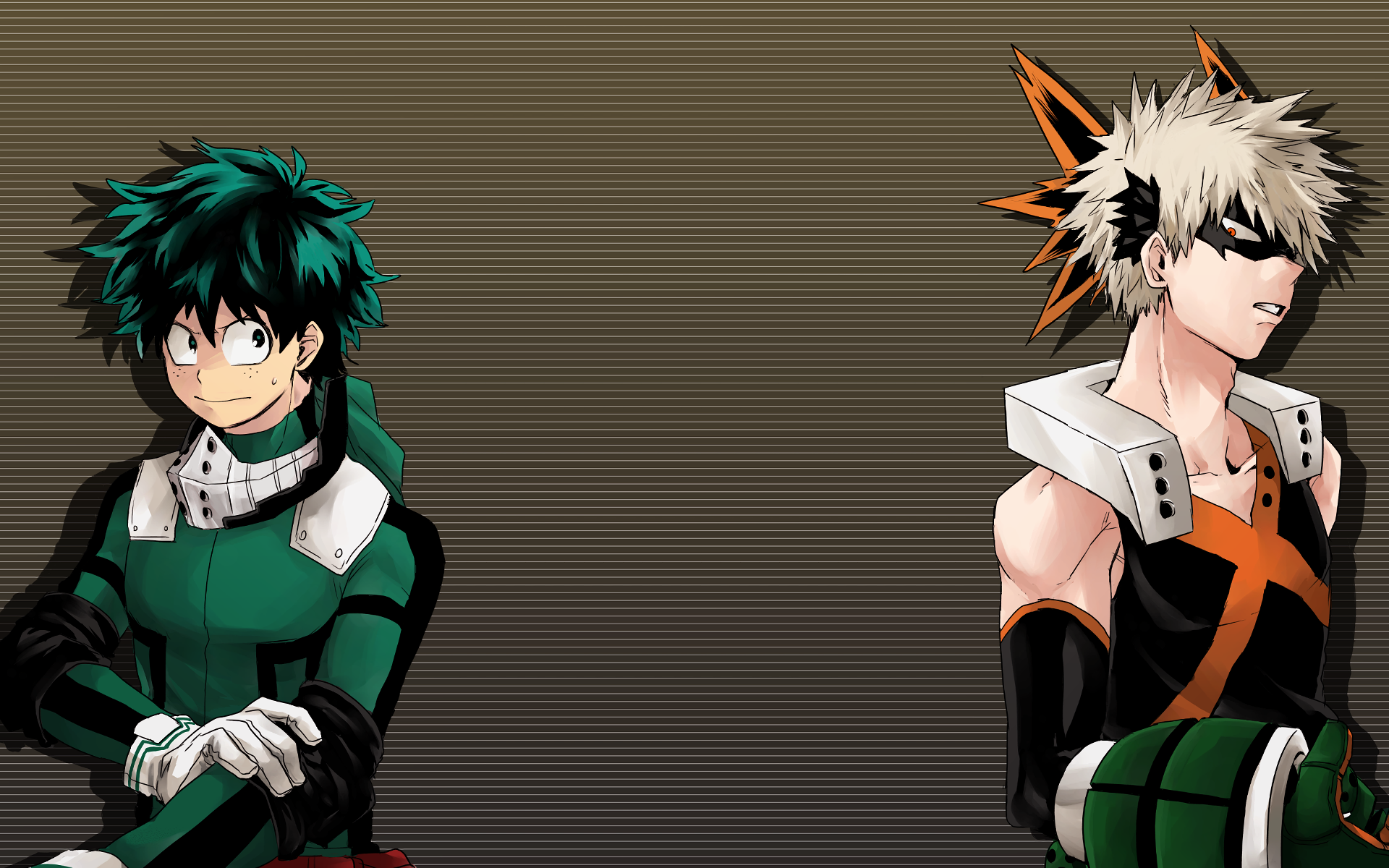 HD desktop wallpaper featuring anime characters Katsuki Bakugou and Izuku Midoriya from My Hero Academia. Bakugou is on the right in his costume, while Midoriya is on the left in his green hero suit.