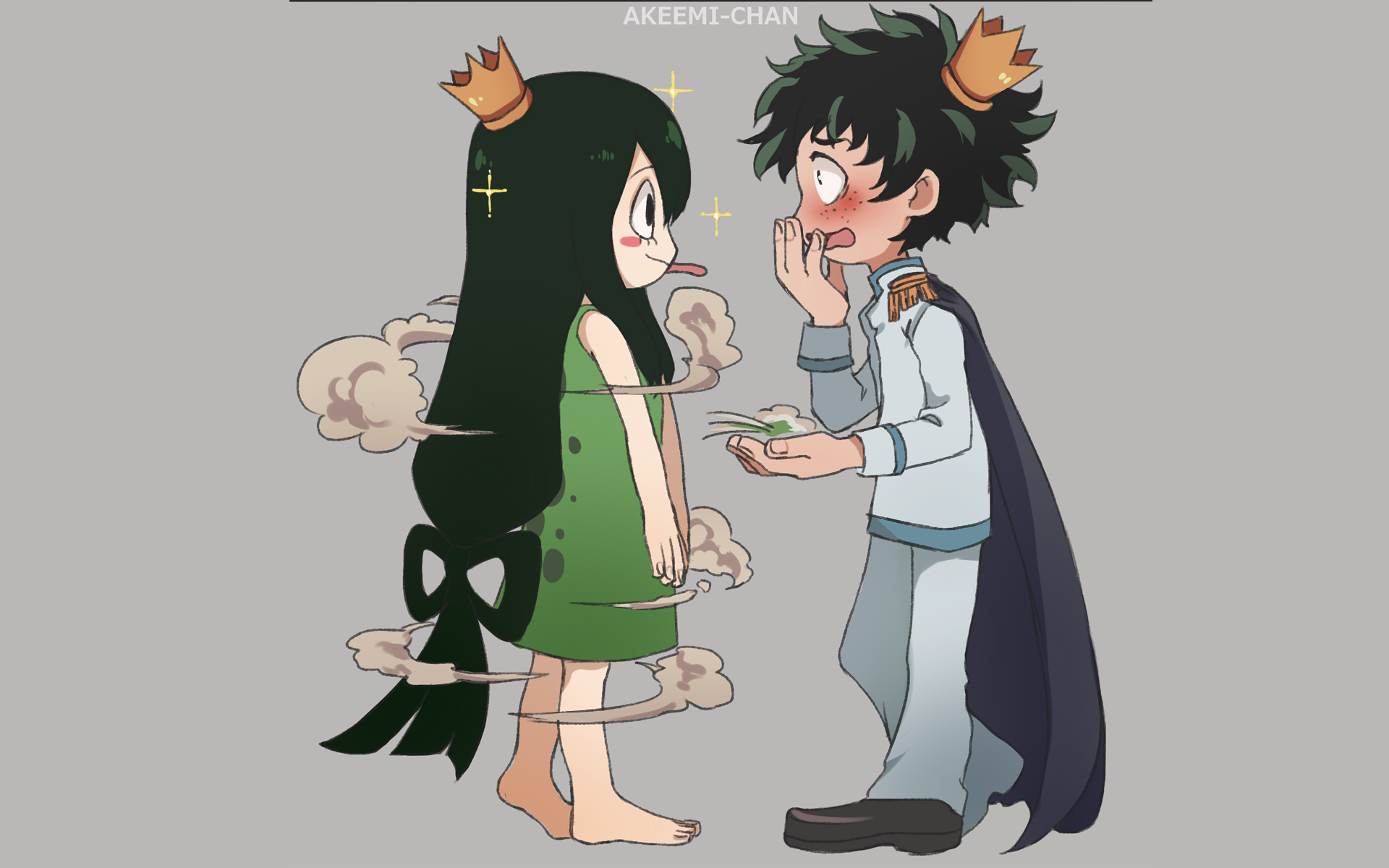 HD desktop wallpaper featuring Tsuyu Asui and Izuku Midoriya from the anime My Hero Academia, with both characters wearing crowns and engaged in a playful scene.