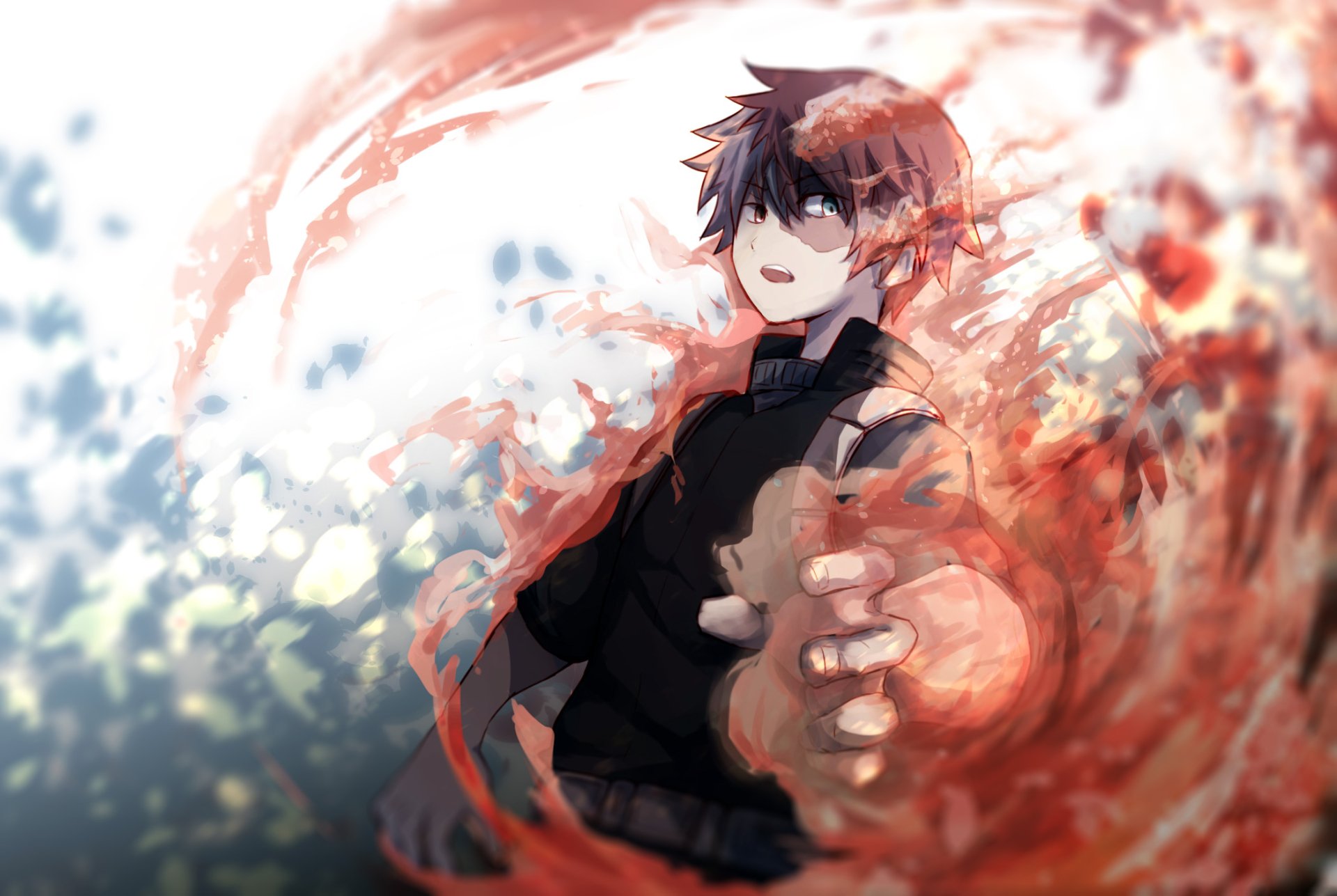 HD PC desktop wallpaper featuring Shoto Todoroki from the anime My Hero Academia, depicted with dynamic fiery and icy effects surrounding him.