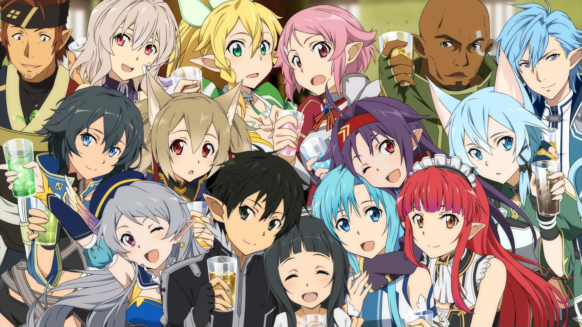 HD desktop wallpaper and background featuring an ensemble of colorful characters from the anime Sword Art Online, gathered together in a cheerful group, smiling and celebrating.
