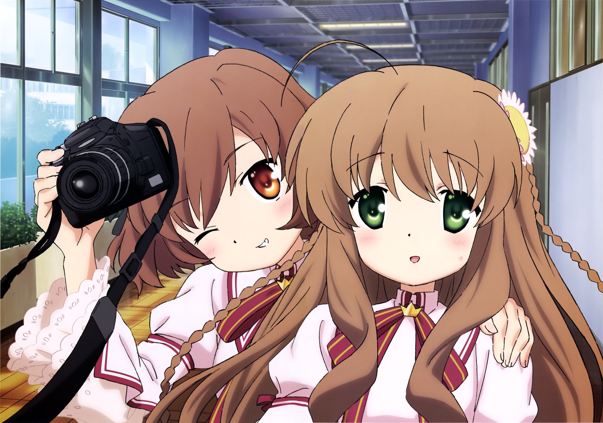 Anime-style 4K Ultra HD wallpaper featuring Kotori Kanbe and Inoue from Rewrite, set in a bright indoor scene with Kotori holding a camera.