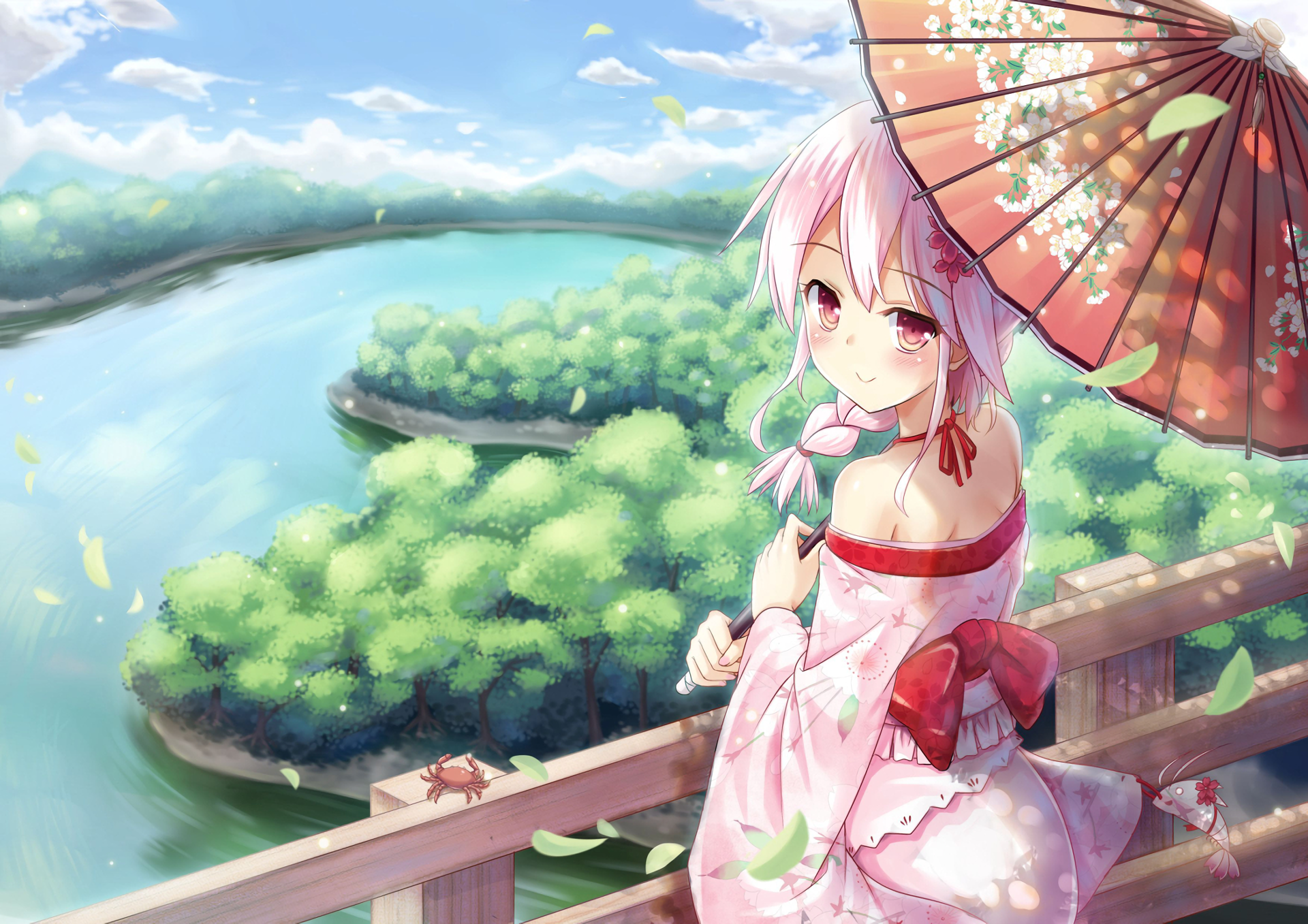 Anime-style HD desktop wallpaper by Xuan Ying featuring a serene scene of Sergestid shrimp in Tungkang with a pink-haired character holding a floral umbrella overlooking lush greenery and water.