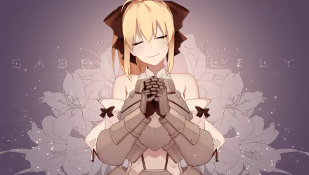 HD wallpaper featuring Saber Lily from the Fate Series, specifically Fate/Grand Order. The anime character is depicted gracefully with a serene expression, set against a floral background.