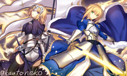 HD desktop wallpaper featuring Saber (Fate Series) and Ruler (Fate/Grand Order) in dynamic poses, adorned in detailed armor with swords, set against a vibrant, ethereal background.