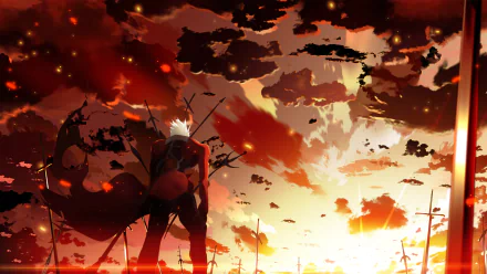 HD wallpaper featuring Archer from Fate/Stay Night with a dramatic sunset background, surrounded by swords, evoking a scene from Fate/Stay Night: Unlimited Blade Works.
