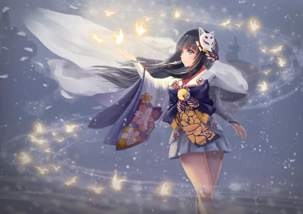 Anime HD desktop wallpaper and background featuring an enchanting Onmyoji character in a flowing kimono, surrounded by glowing butterflies and mystical light.