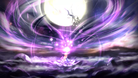 HD PC desktop wallpaper featuring Suika Ibuki from Touhou, surrounded by swirling purple energy under a glowing full moon in an anime-style illustration.